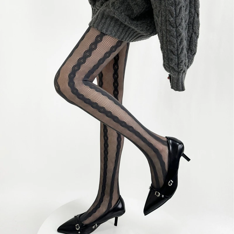 New Color Tights for Women Sexy Lace Mesh Fishnet Retro Pantyhose Thigh High Geometric Long Stocking Woman Personality Hosiery
