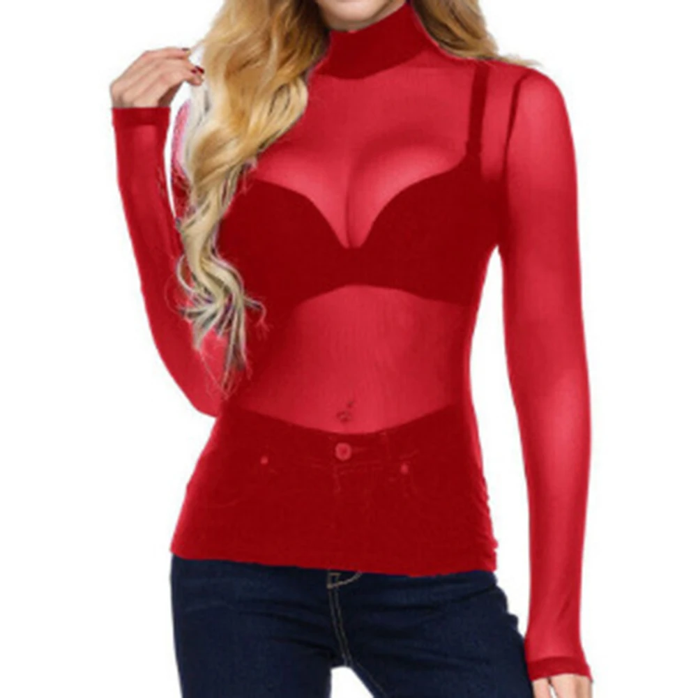 

Fashion Nightclub Top Bottoming Shirt T Shirt See Through Sexy Women Sheer Turtleneck Ultra-thin Elastic Tights
