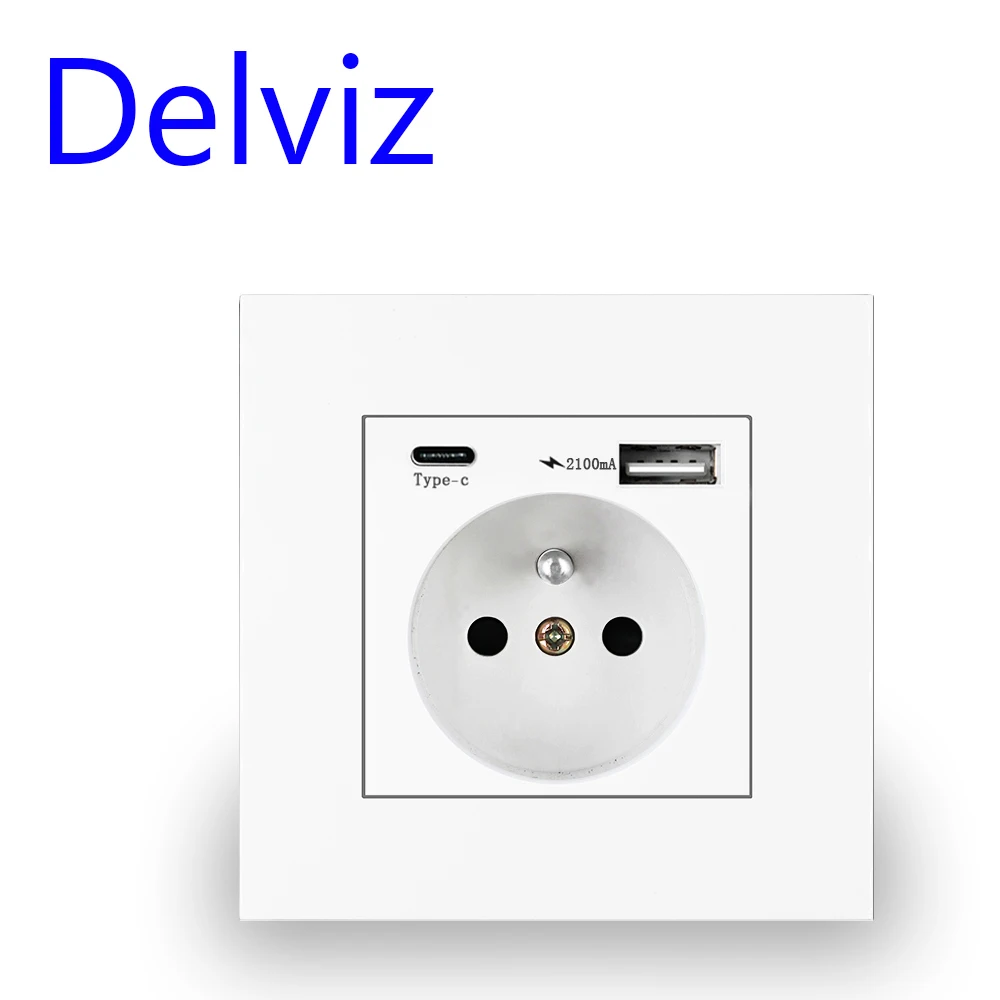 Delviz With usb French standard Outlet,16A Power Socket for France,White PC Panel, 1A1C 5V Charging Jack, Type C USB Wall Socket