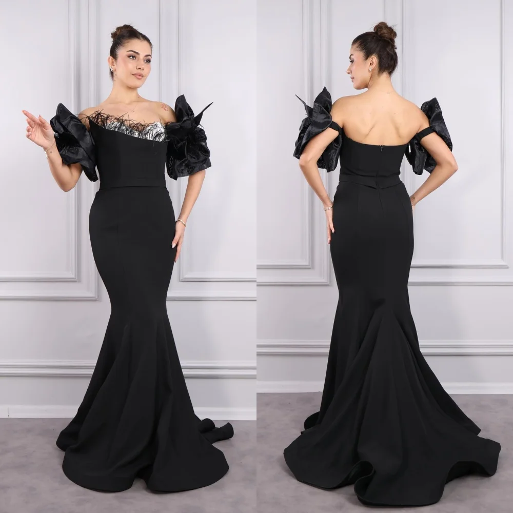 

Customized Exquisite Off the Shoulder Trumpet / Mermaid Feathers Pleat Ruched Floor-Length Satin Evening Dresses