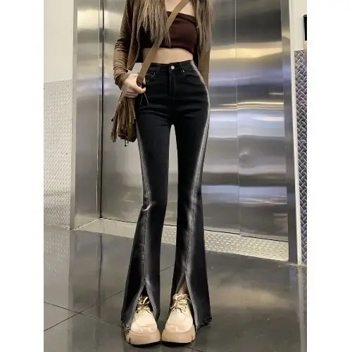 

High Waist Split Hem Flared Jeans Women Black Straight Leg Pants