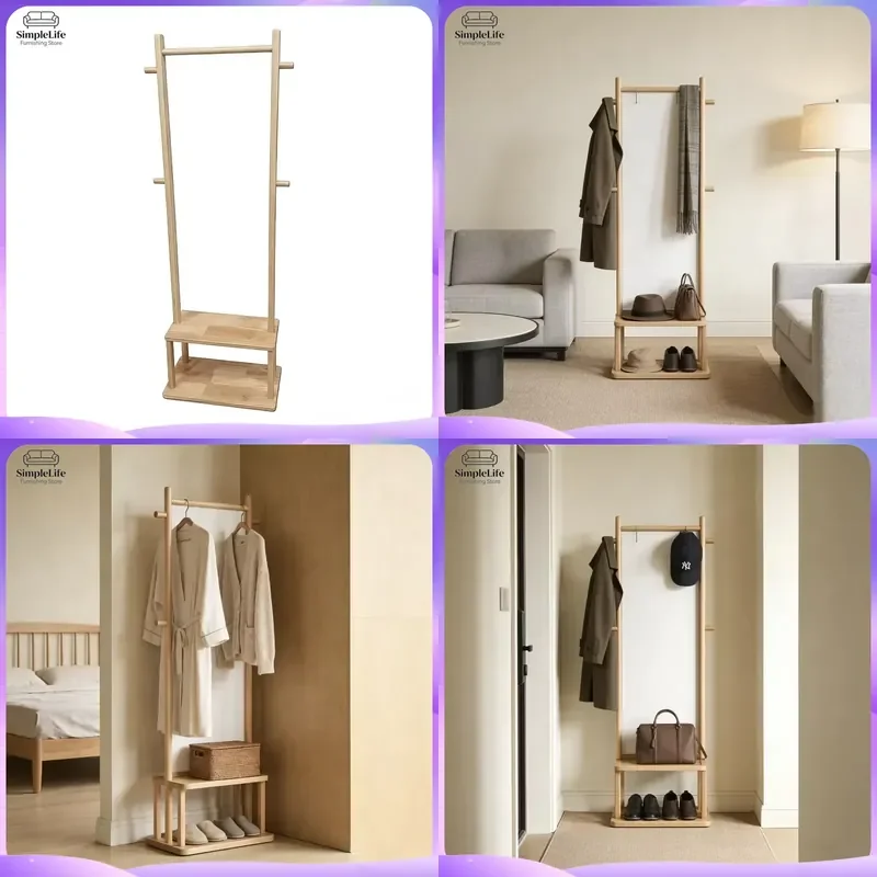 Wooden Coat Rack Stand Free Standing Hall Tree with Hooks Modern Clothes Hanger Organizer for Living Room Bedroom Entryway
