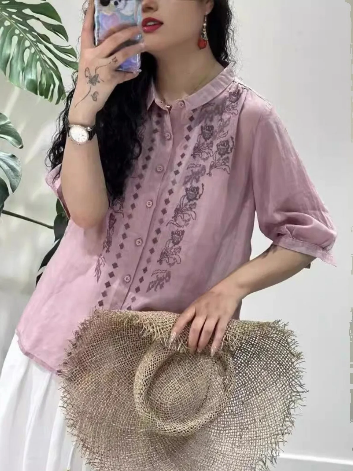 Camisa de Linho Bordada Retro, Ajuste Solto, Colarinho, Moda Feminina, Novo Top de Verão de Alta Qualidade em Algodão