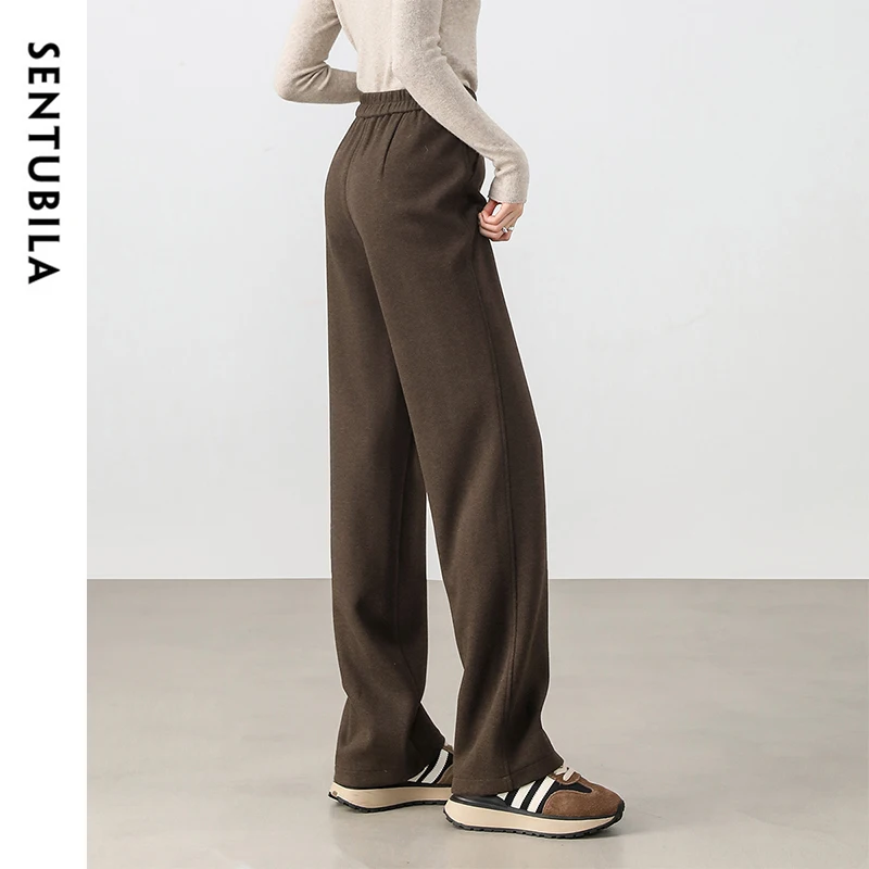 SENTUBILA Wool Blend Thick Pants for Women 2024 Winter Warm Solid Simple Straight Knitted High Waist Business Trousers 144K58729