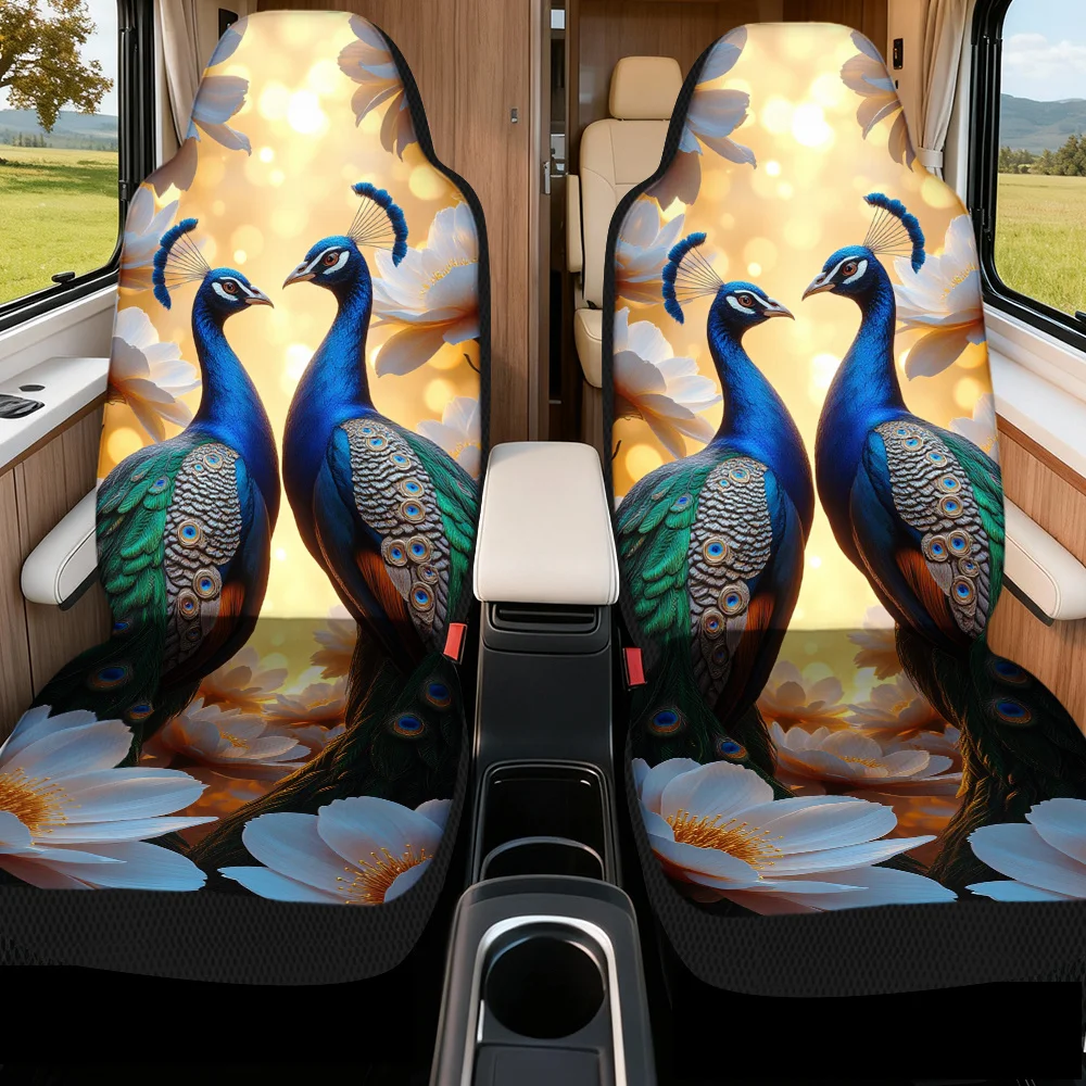 2pcs Modern Majestic Blue Peacocks Print Car Seat Covers | Comfortable, Washable, Universal Fit For Most Vehicles, Stylish Inter