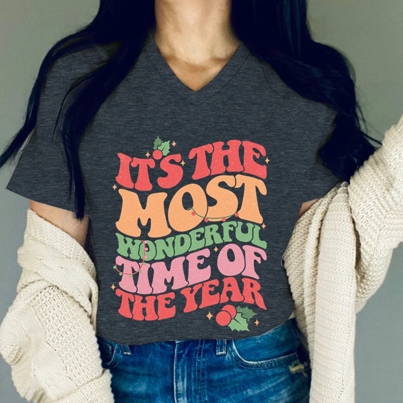 Y2K Letter Christmas Women T-shirt It's The Most Wonderful Time of The Year Print Tees Short Sleeve V Neck Graphic Xmas Tshirt