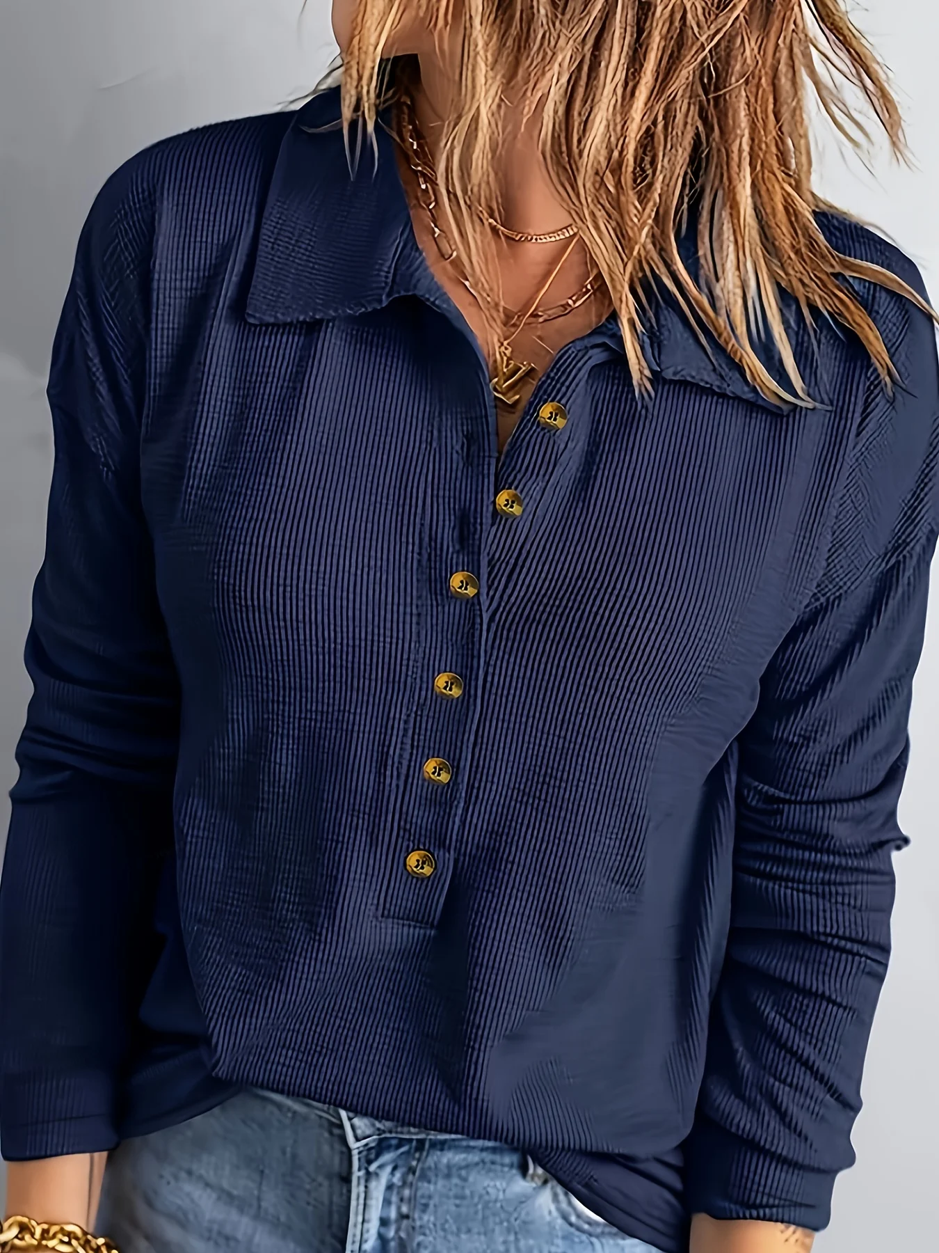 Marineblaues Hemd mit Knöpfen in Übergröße, gekerbte Kragen, strukturierte Langarmbluse, Business-Casual-Büro- und Alltagskleidung, 1–5XL