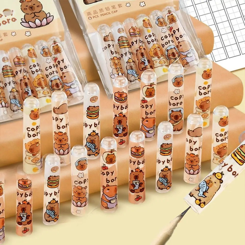 

6PCS Stationery Cute Capybars Pencil Cap Non Toxic Transparent Pencil Topper Covers Cartoon Kawaii Pencil Extender Award Gifts