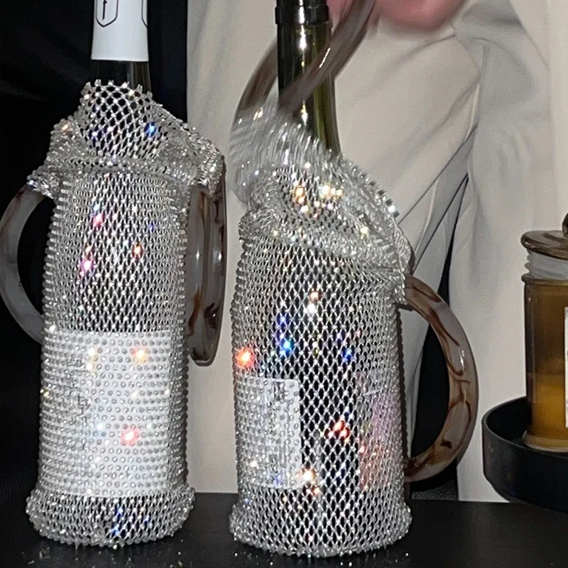 

Crystal Wine Storage Handbag Portable Elegant Water Bottle Holder Shiny Rhinestone Red Wine Carry Handwoven Bag Creative Gift