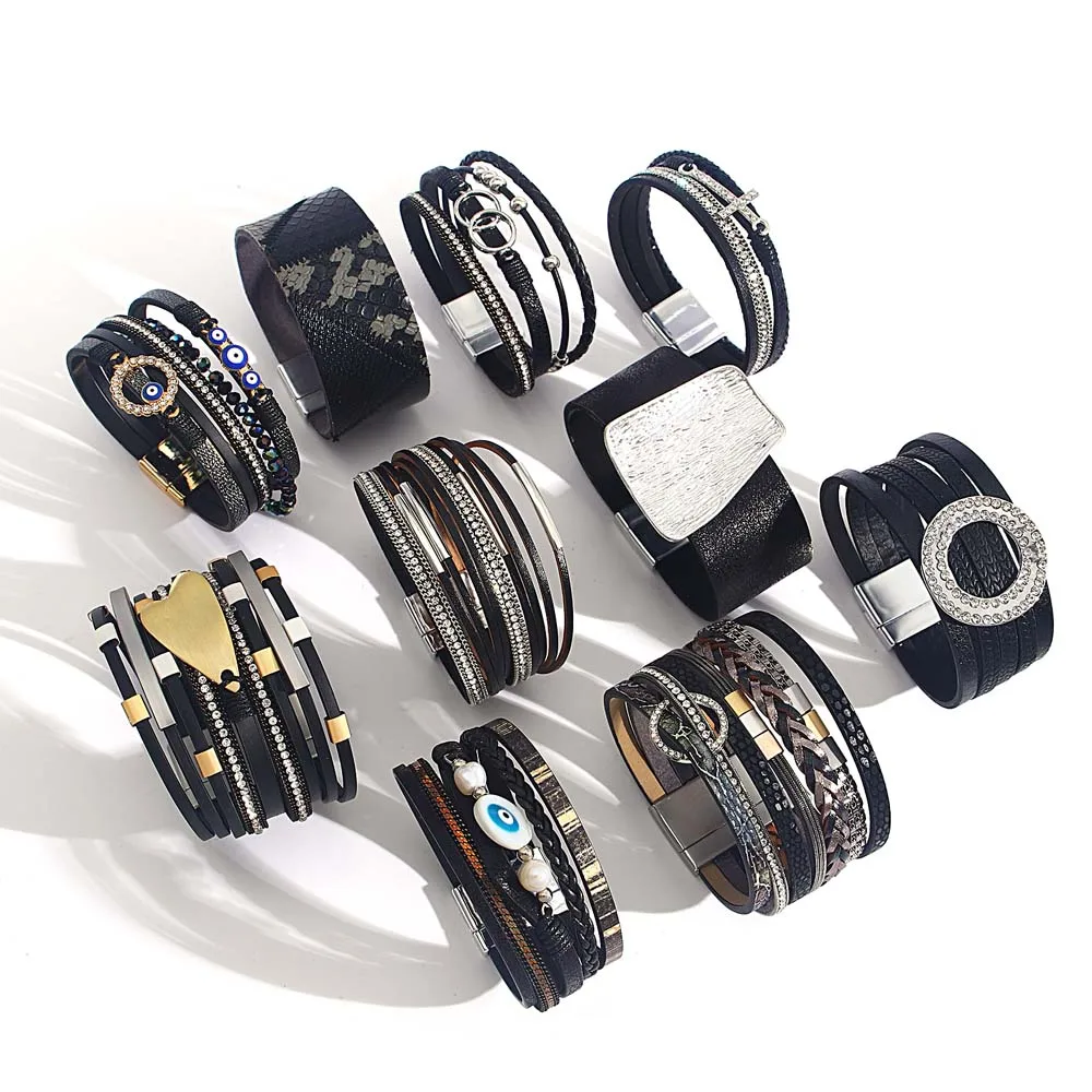 ALLYES Handmade Braided Black Leather Bracelet for Women Men Boho Heart Evil Eye Heart Cross Wrap Wide Bracelets Charm Jewelry