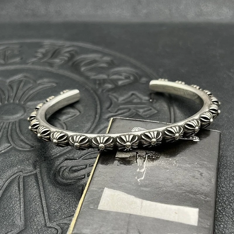 

S925 Sterling Silver Punk Hip Hop Vintage Open Full Cross Bracelet Men and Women Cross Flower Ornament Bracelet