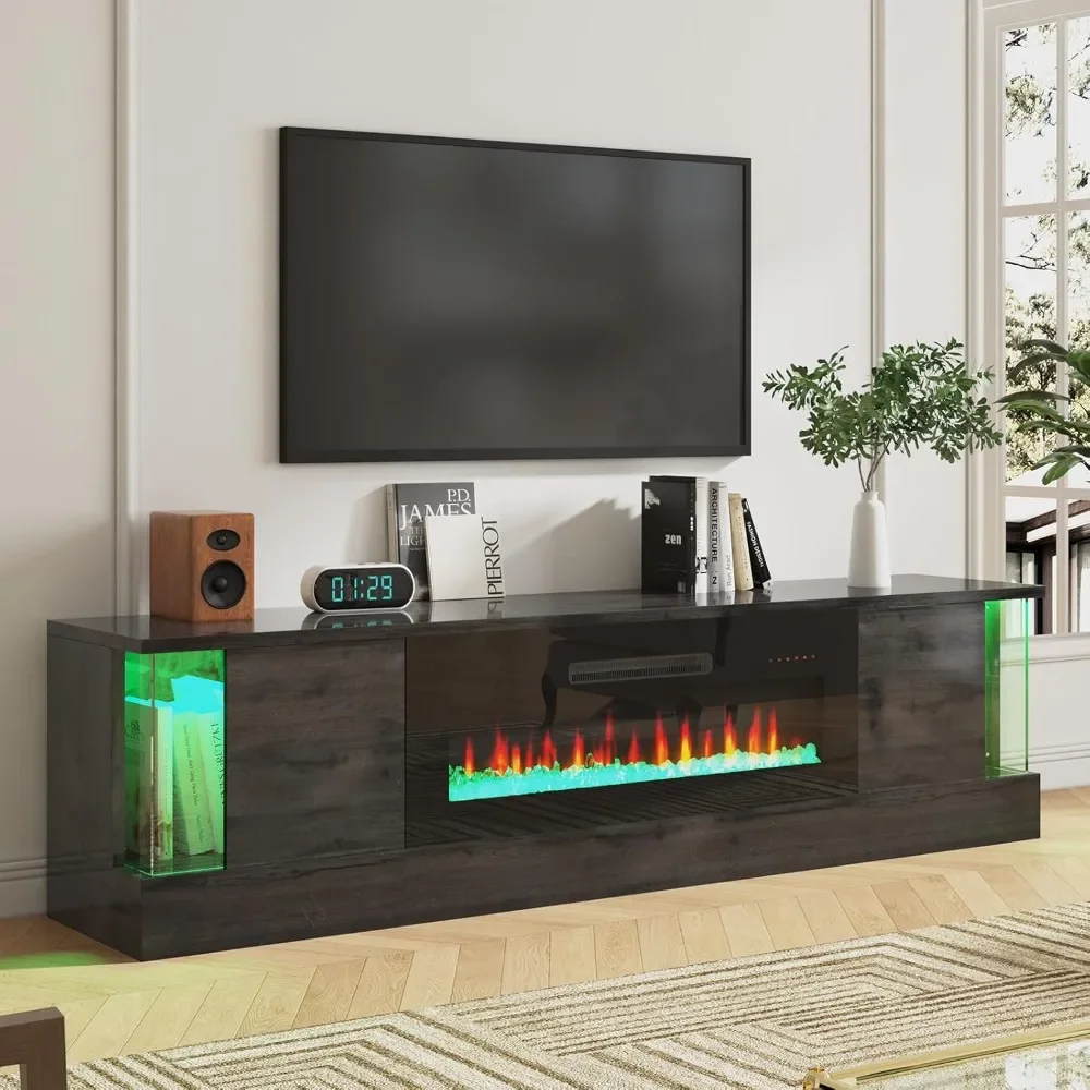 Chimenea eléctrica Mueble de TV moderno de grano de madera de alto brillo para sala de estar, LED con puertas abatibles para televisores de hasta 70"