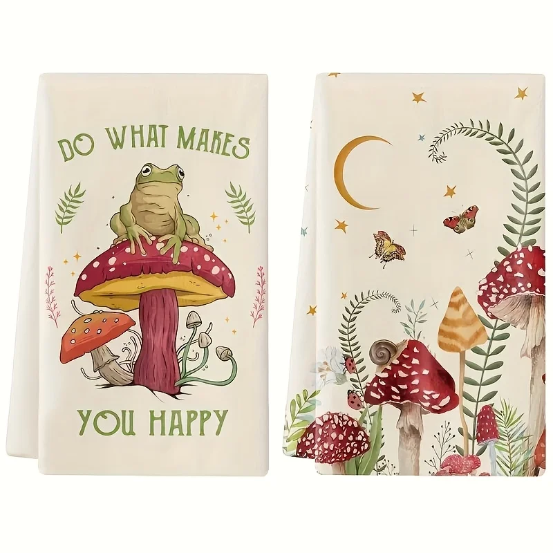 

2D Flat 2PCS Mushroom Frog Kitchen Towel Reusable Machine Washable Tea Dish Towel Home Bathroom Decor Housewarming Gift