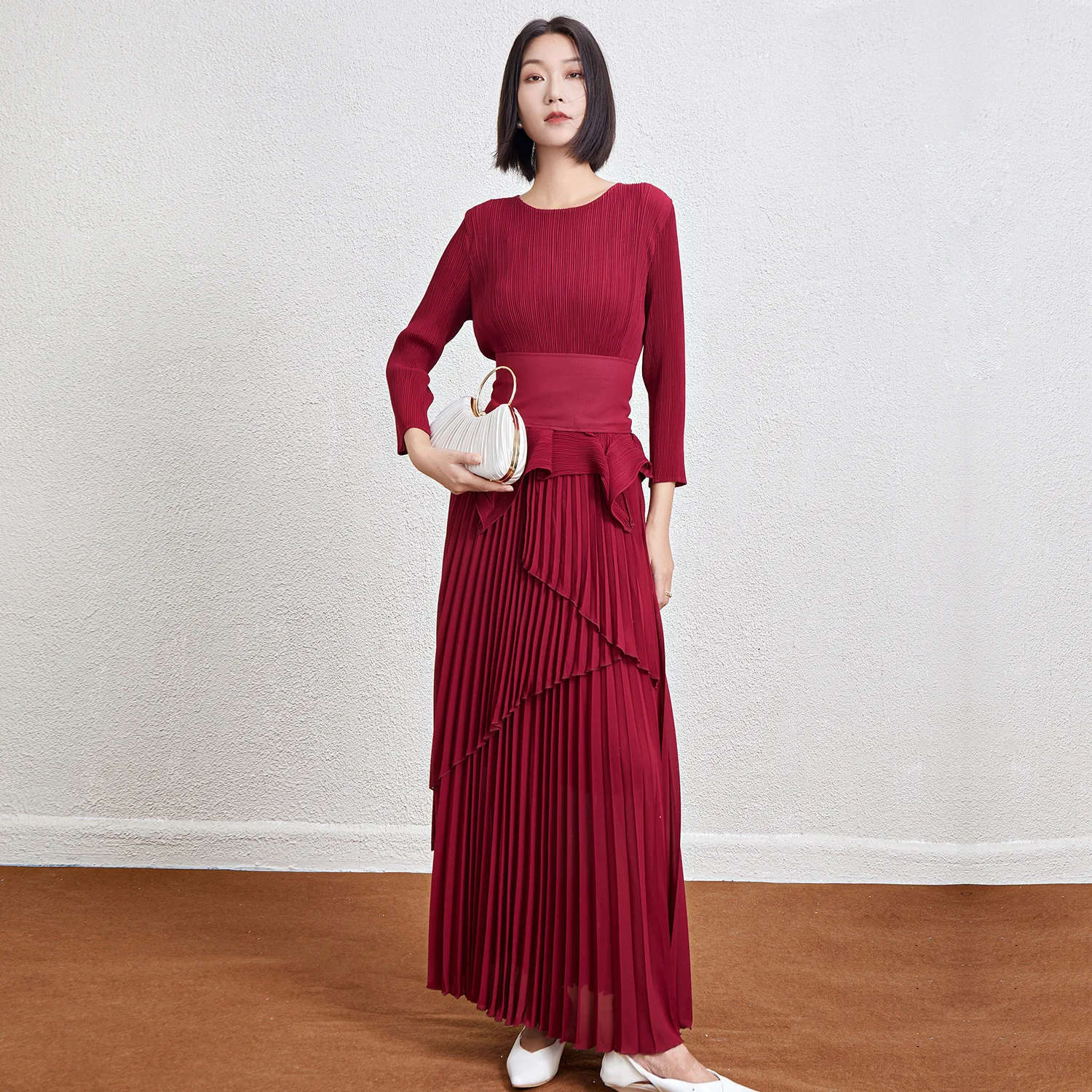 

Women's Busin Casual Two-Piece Set round Ne Pleated Slim Fit Top Irregular Dr Skirt High Waist Long Skirt