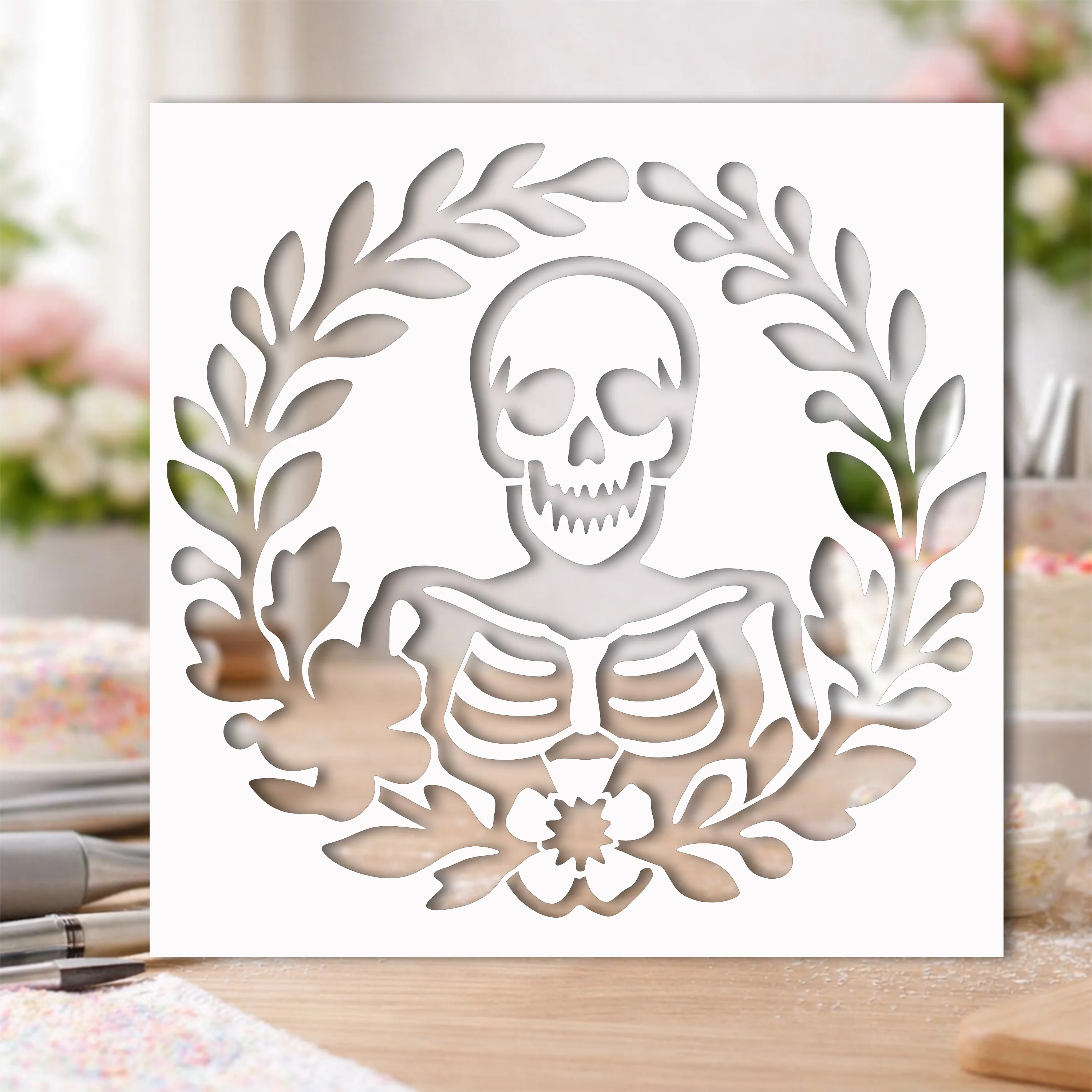 Halloween Vintage Skull Skeleton Wreath Cake Stencil Food Grade Hollow Template for Cookie Fondant Dessert Decor