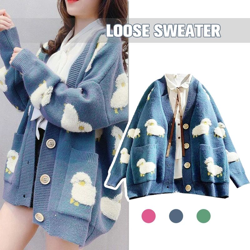 Women's Autumn Cardigan Spring Winter Knit Tops Female Loose Sweater Coat Cute Cartoon Sheep Printing V-neck Sweet Jacket