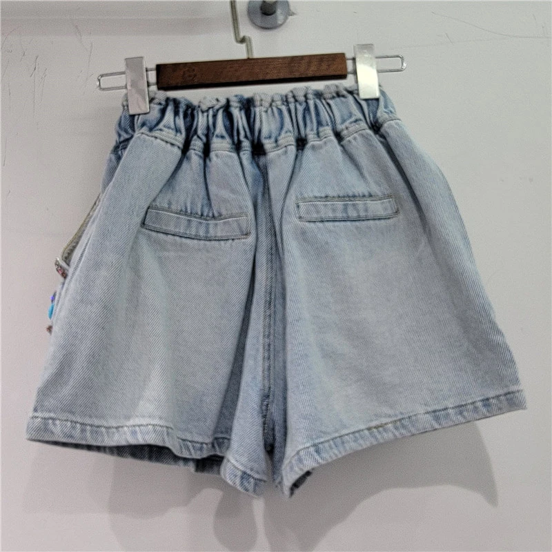 [EWQ] Vintage Crystal Diamond Contrast Color Denim Shorts For Women Elastic Waist Lace-up Short Jeans 2024 Summer New Fashion 97