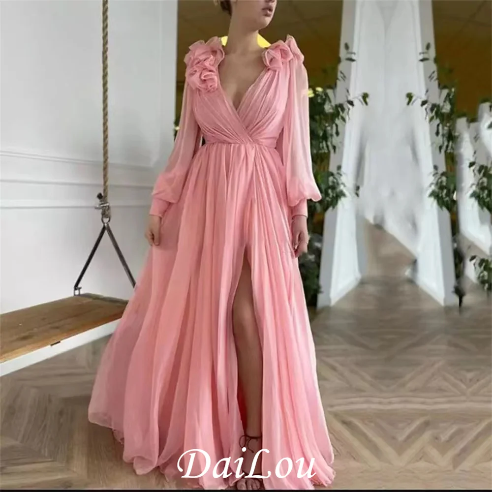 

Vintage Prom Dresses V-Neck Pleats Side Split Pink Long Sleeves Long Arabic Evening Gown Celebrity Party Dress