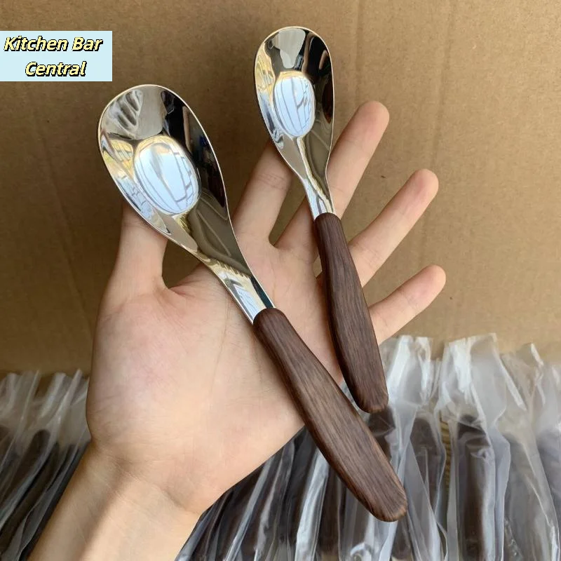 【Stainless Steel Spoon With Imitation Wood Grain Handle Kitchen Tableware Dinnerware Dinner Dessert Soup Spoon Gadgets】