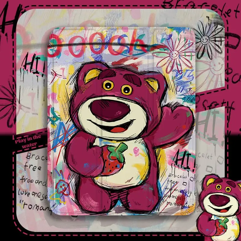

Чехол для iPad Strawberry Bear Doodle для Mini 6/Air 5/4/Pro 8-10, тройной мультяшный чехол с противоударным слотом для карандашей