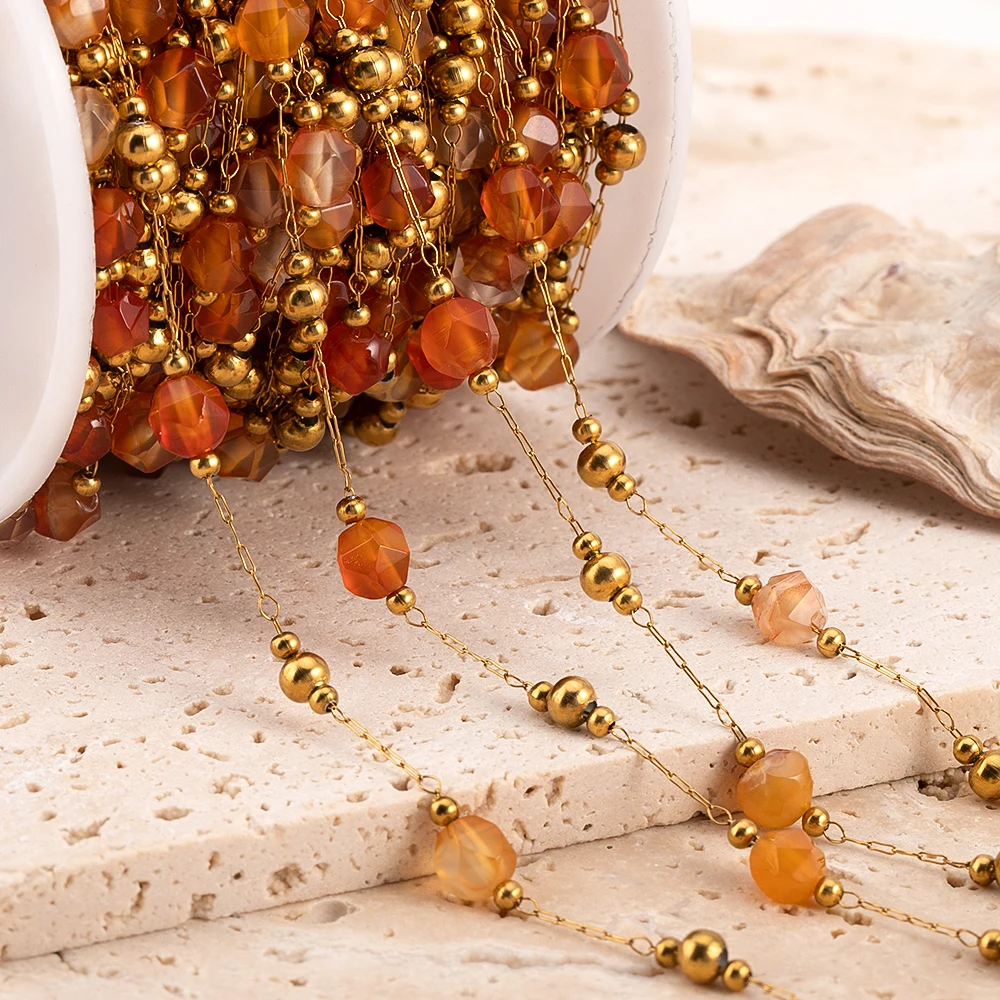 

0.5meter 1meter Irregular Brown Stone Beaded Chain Stainless Steel Necklaces Chains Boho Anklet Bracelets for DIY Jewelry Making