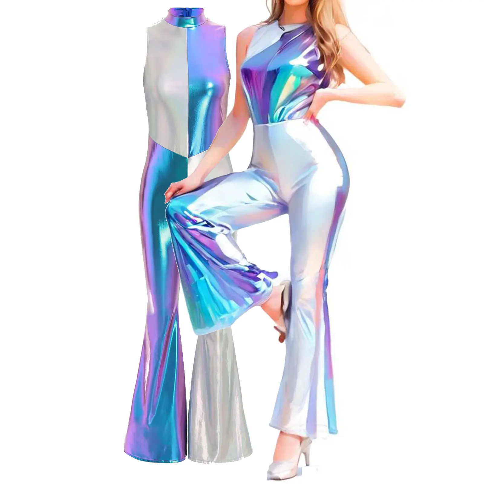 

Women Shiny Metallic Vintage 70S Disco Jumpsuit Color Block Sleeveless Flared Leg Romper Disco Hippie Bodysuit Dancewear Costume