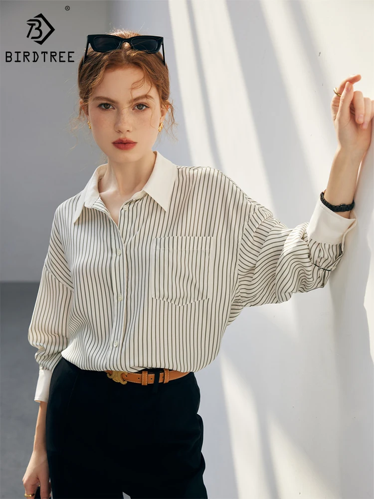 Birdtree Women's Striped Shirt 100%Mulberry Silk 6A Silk Single Breasted Chic Shirt Spring/Summer 2023 Top T38117QD