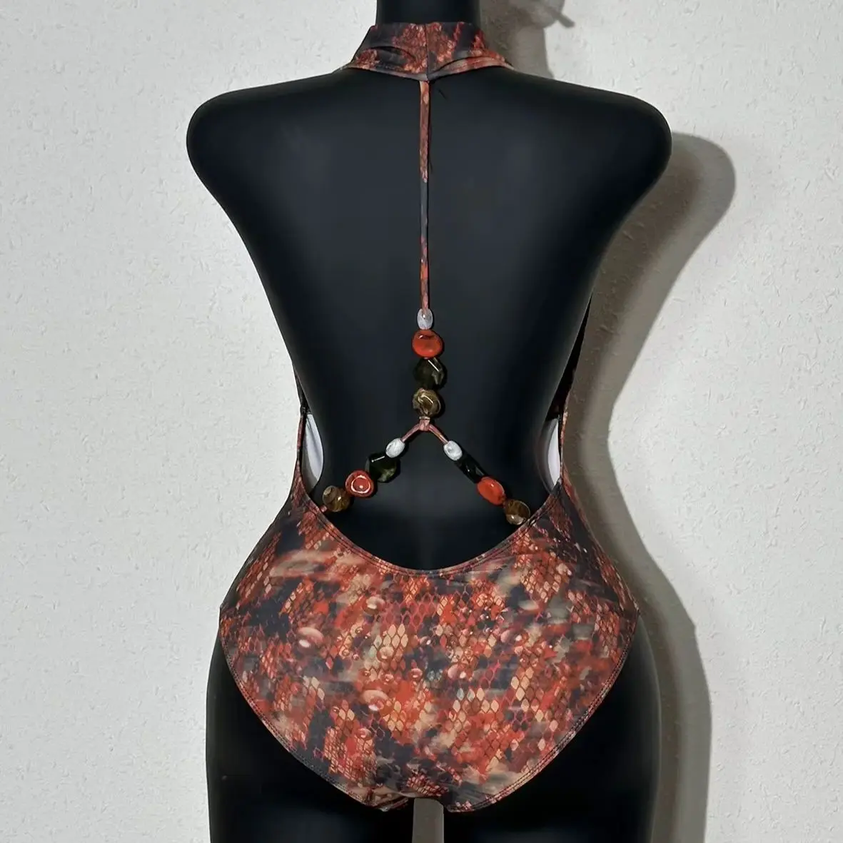 DEKA Women's New Sexy Red Snake Deep V One-piece Swimsuit With Chest Pad Print Adjustable Suspenders Backless Swimsuit