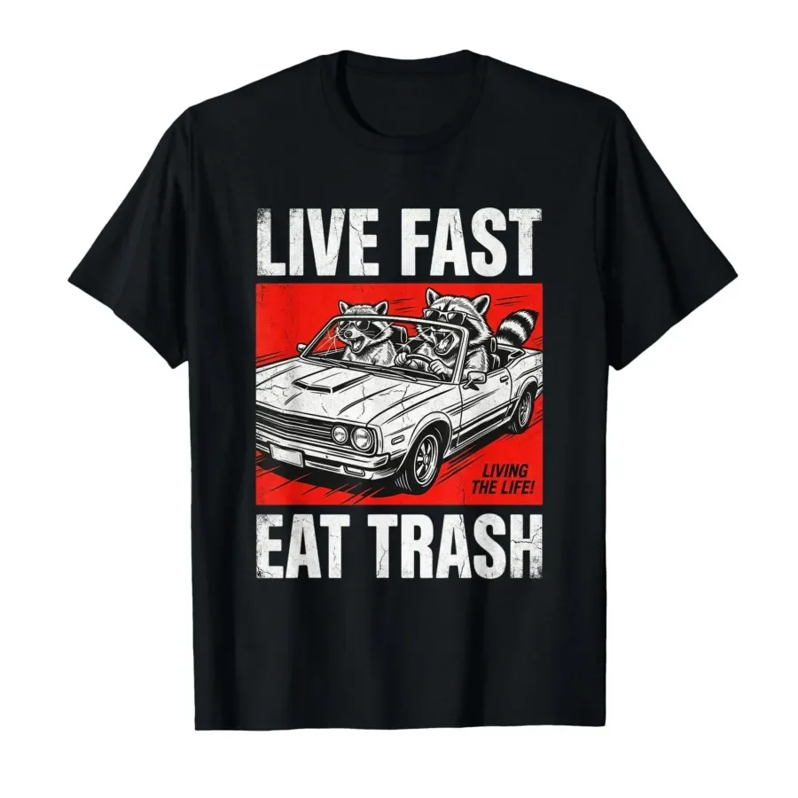 

Vintage Live Eat Trash Funny Raccoon Driving Retro Car T-shirt For Men Women 100% Cotton T Shirts Short Sleeve Tops 0410-2