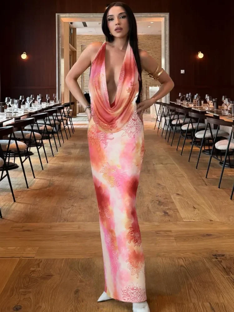 XIAOTANG ホルターバックレスセクシーなマキシドレス女性の夏のディープ V ネックノースリーブハイウエストビーチクラブパーティープリントロングドレス