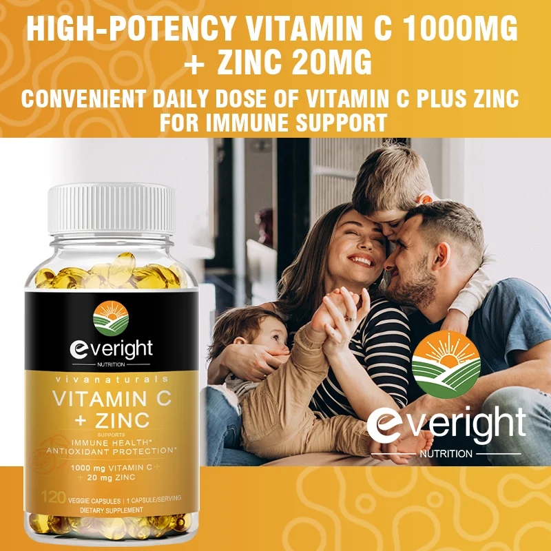 Vitamin C and Zinc Supplement - 1000 mg Vitamin C with Zinc 20 mg Antioxidant Supplements for Immune Support and Skin Health