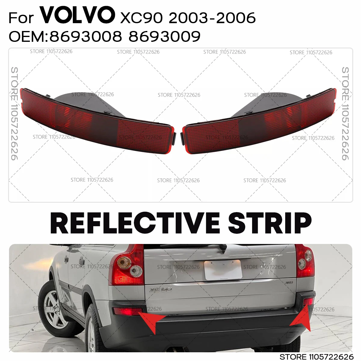For 2003 2004 2005 2006 Volvo XC90 Rear Reflector Warning Parking Light Brake Lamp Reflective Strips Turn Signal 8693009 8693008