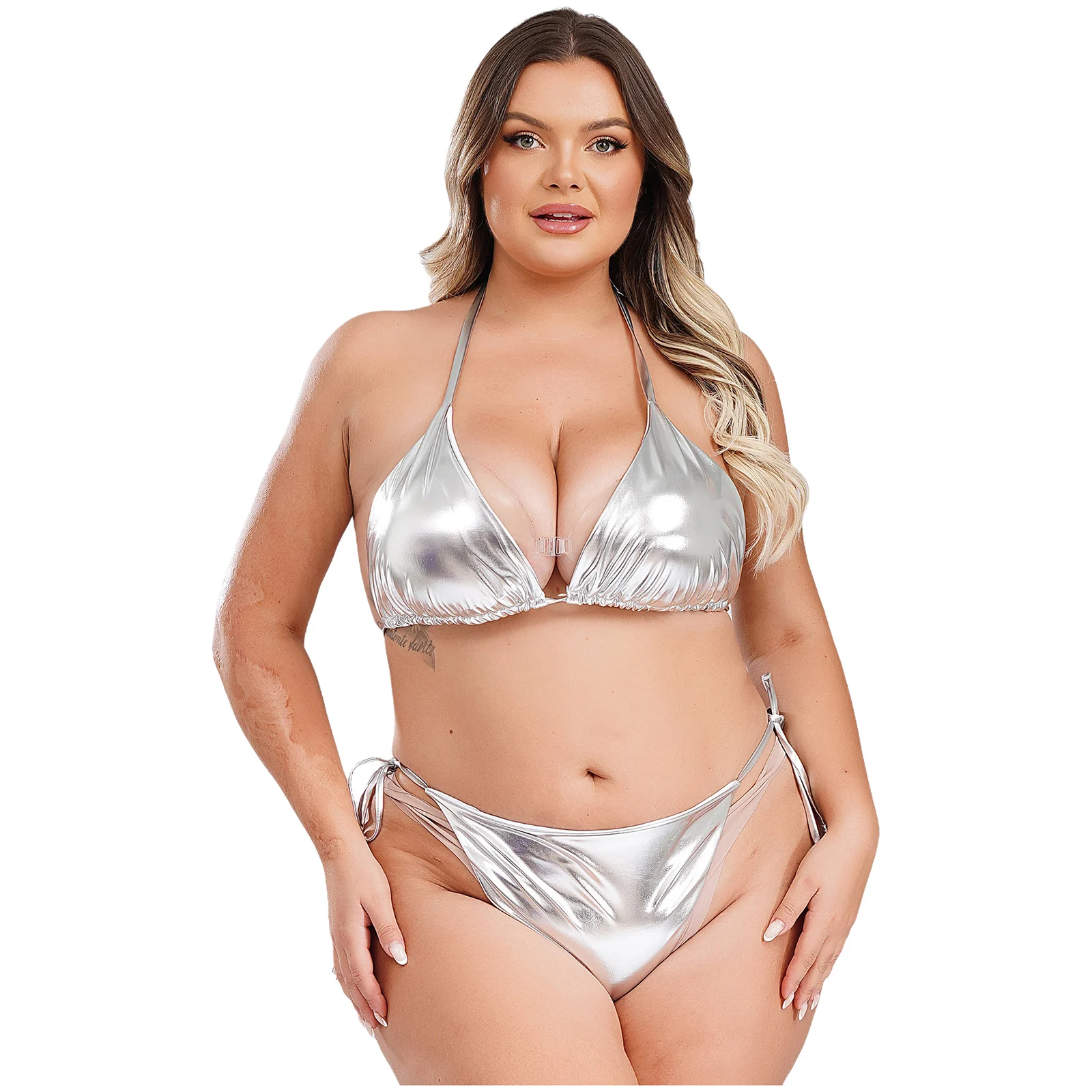 

Two Pieces Women Plus Size Shiny Bikini Swimsuit Set Hater Tie-up Triangle Bra And Tie-up Briefs Set Metallic Bathing Suits