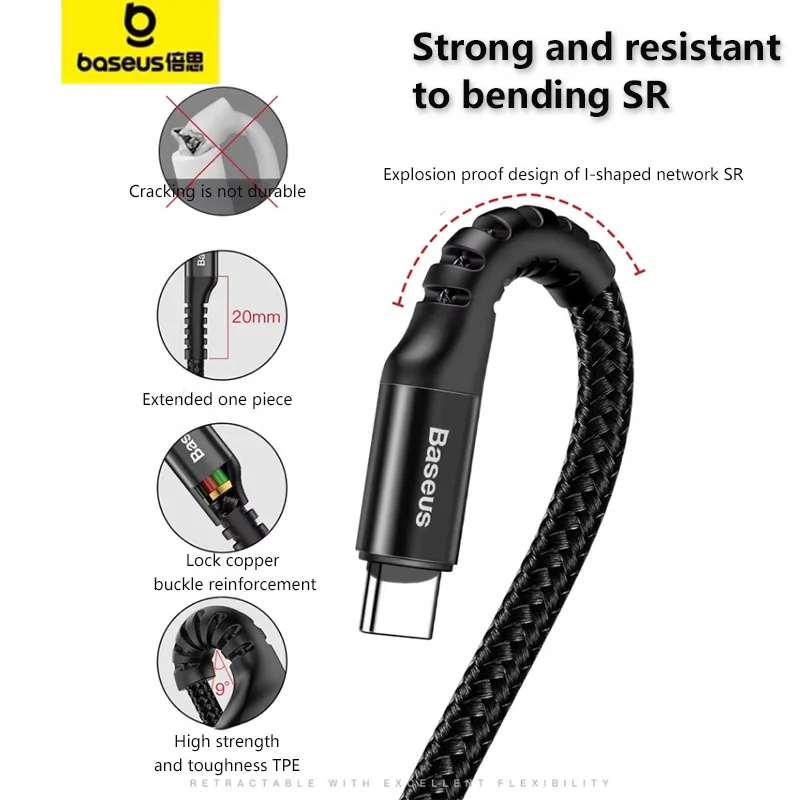 Baseus USB Type C Charge Cable Strong Flexible Mobile Phone Data Cable Braided 2A Charging Cable USB C for iPhone PD20W