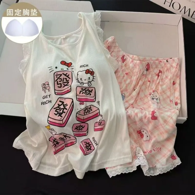 Cartoon vest with chest pad pajamas set women's summer sweet and cute shorts lace ice silk threaded loungewear two-piece set