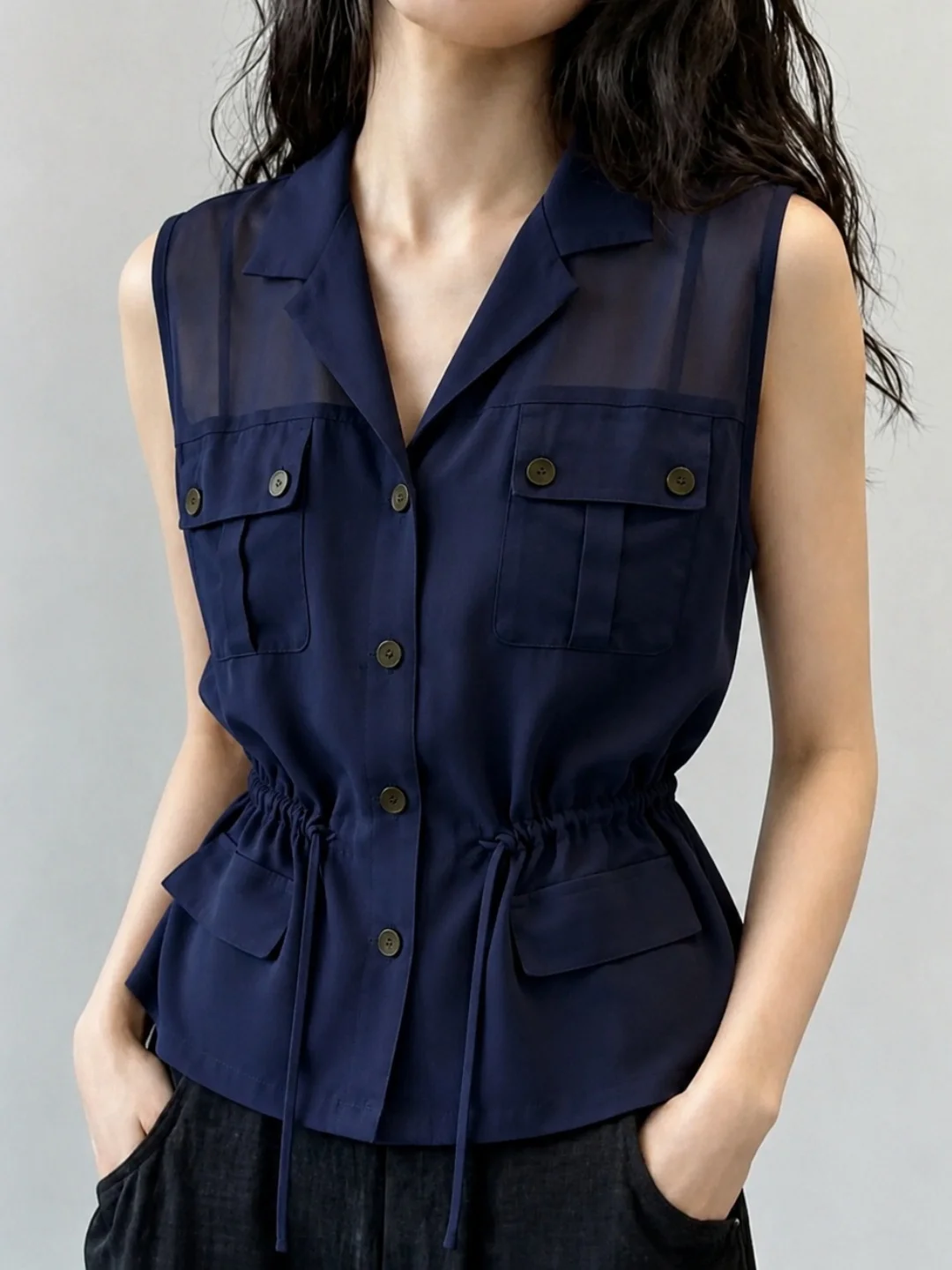 

Elegant Commute Style Sleeveless Vest Soft Belted Waist Fashionable Top Flip Collar Luxury Lightweight Summer Beauty