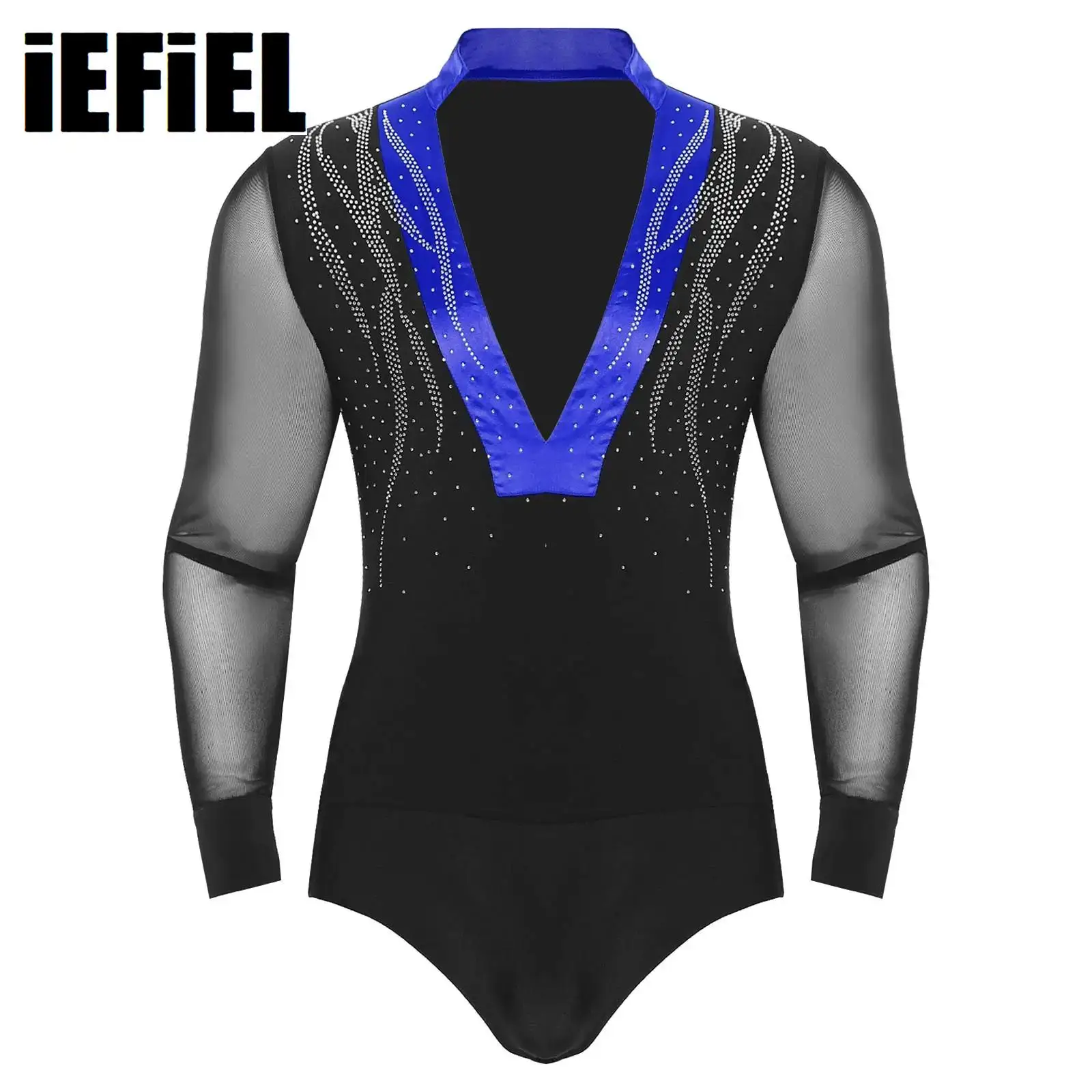

Mens Tango Latin Ballroom Dance Leotard See-Through Mesh Long Sleeve Color Block Deep V-neck Sparkling Rhinestones Bodysuit