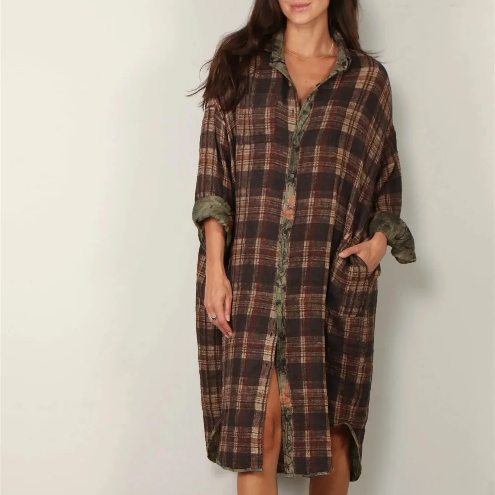 Sukienka koszulowa damska na jesień 2025, czysta bawełna, luźny krój w kratę, codzienna sukienka damska, odzież y2k, nowa moda, wysoka jakość, uniwersalna spódnica.