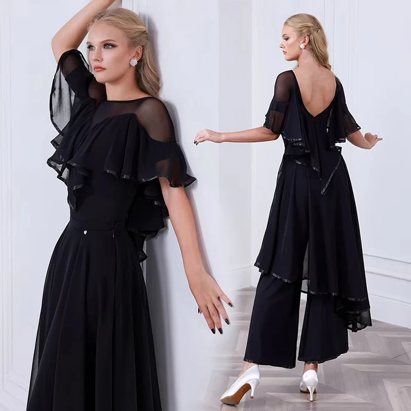 

Черная одежда для бальных танцев, женский костюм для современных танцев, брюки для бальных тренировок, одежда для тренировок по вальсу и социальным танцам AMY2556