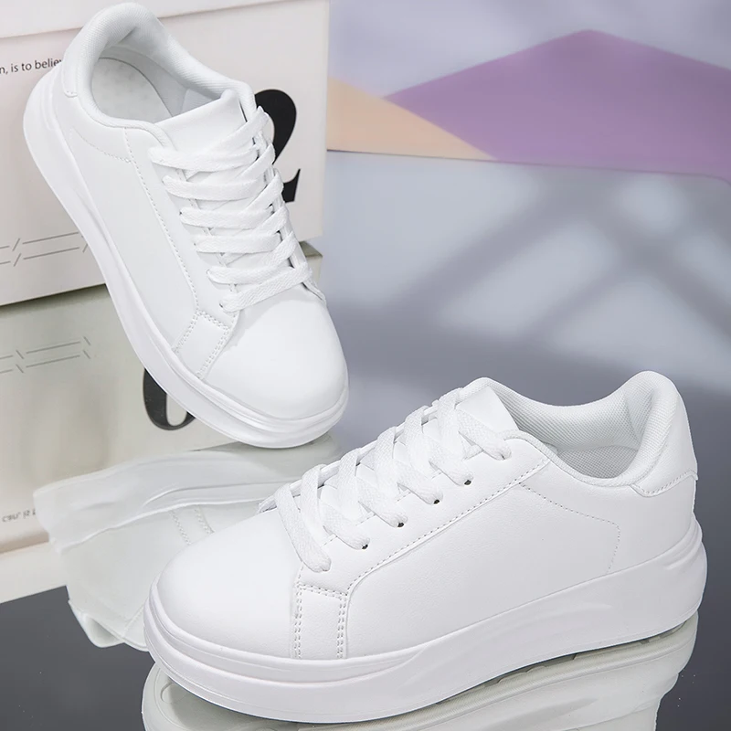 Neue Weiße Damen-Tennisschuhe mit Schnürung Modische Komfort-Sportschuhe aus PU-Leder Lässige Walkingschuhe – Detail 2