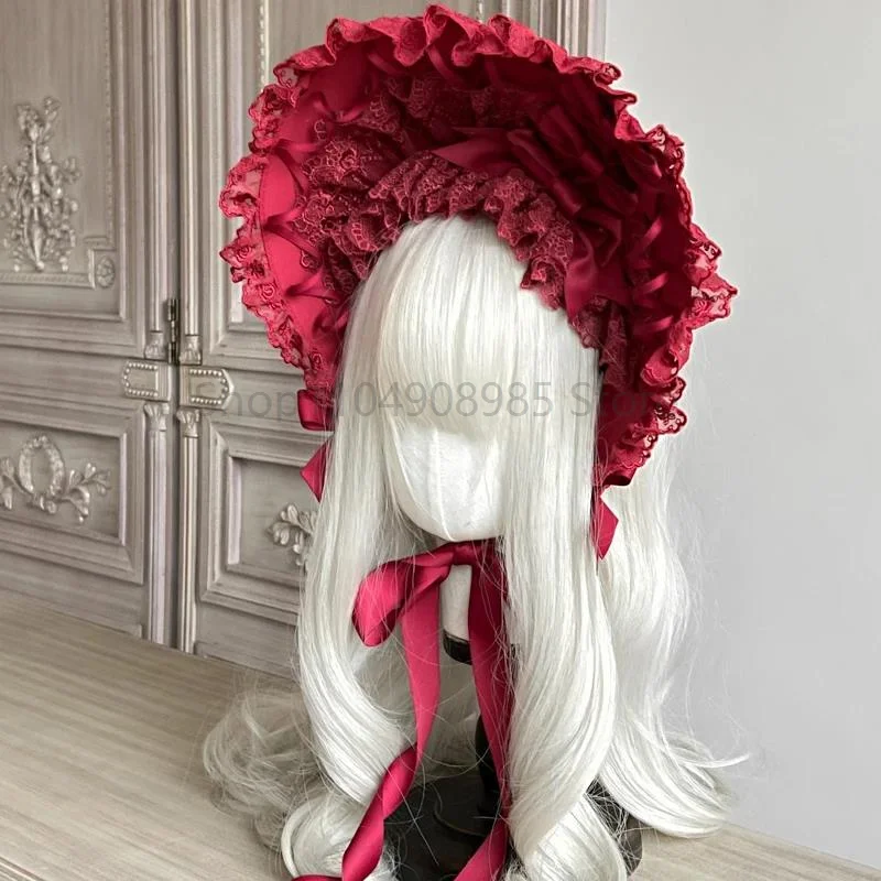 

Handmade Gothic Lolita Wine Red Lace Hat Women Vintage Victorian Elegant Ribbon Bandage Tea Party Beach Flat Cap