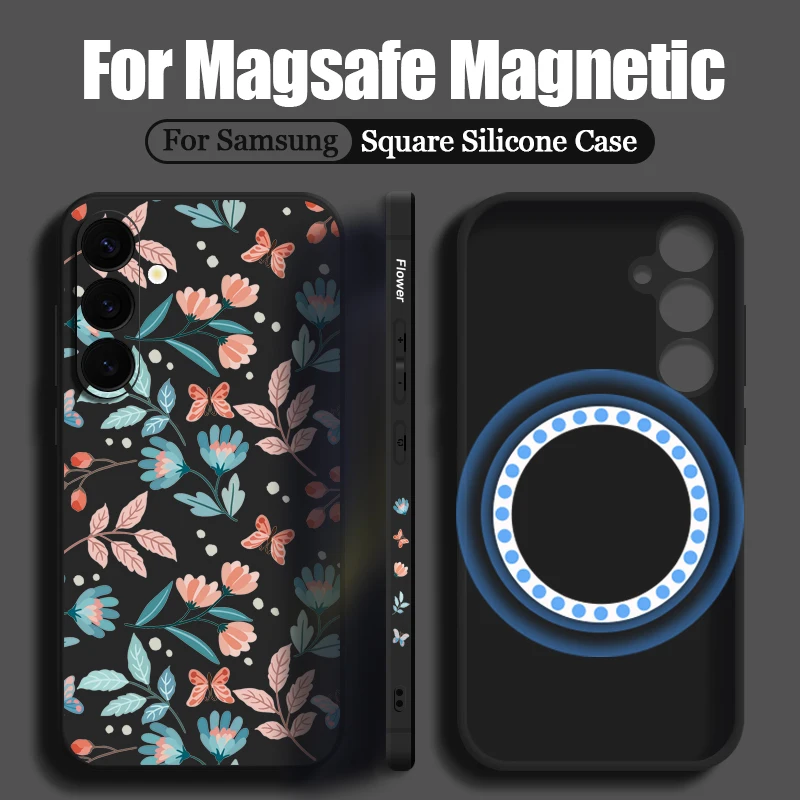 Magnetic For Magsafe Flower Plants Case For Samsung Galaxy S24 S23 S22 Ultra S21 S20 FE Built-in Metal Plate Soft Silicone Cover