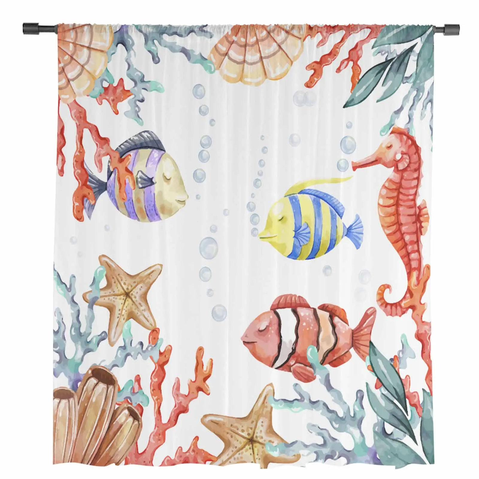 Ocean Coral Fish Watercolor Sheer Curtains for Living Room Decoration Window Curtains for Kitchen Tulle Voile Organza Curtains