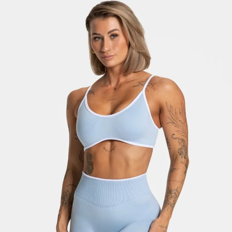 Nahtloser Damen-Sport-BH mit Farbblockdesign, Outdoor-Fitness-Kurztop, sexy rückenfreier Strick-BH mit Brustpolster und Trägern für den Sommer