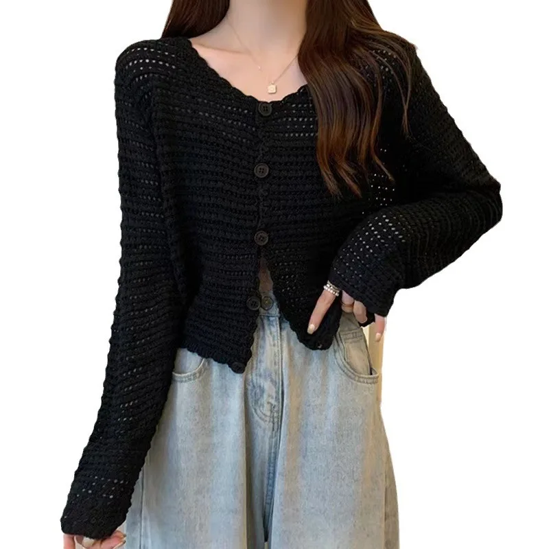 Women Buttons Up Short Cardigan Coat Knitted Hollow Out Smock Top Long Sleeved Thin Summer T-shirt Ruffles Casual Shirt E2775