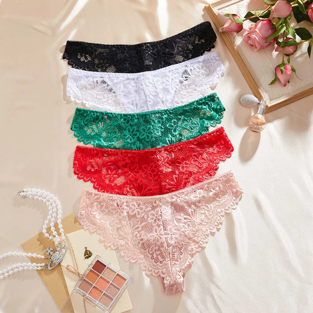 5pcs/Set Embroidery Lace Women Briefs Low Waist Perspective Floral Sexy Panties Soft Comfortable Cotton Crotch Female Underpants