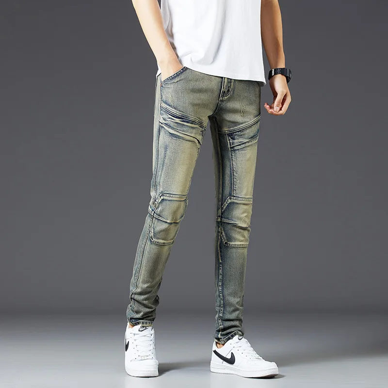 2024Spring and Autumn Jeans Men's Retro Yellow Mud Color Slim-Fitting Patchwork High-End Street Trend Motorcycle Trousers