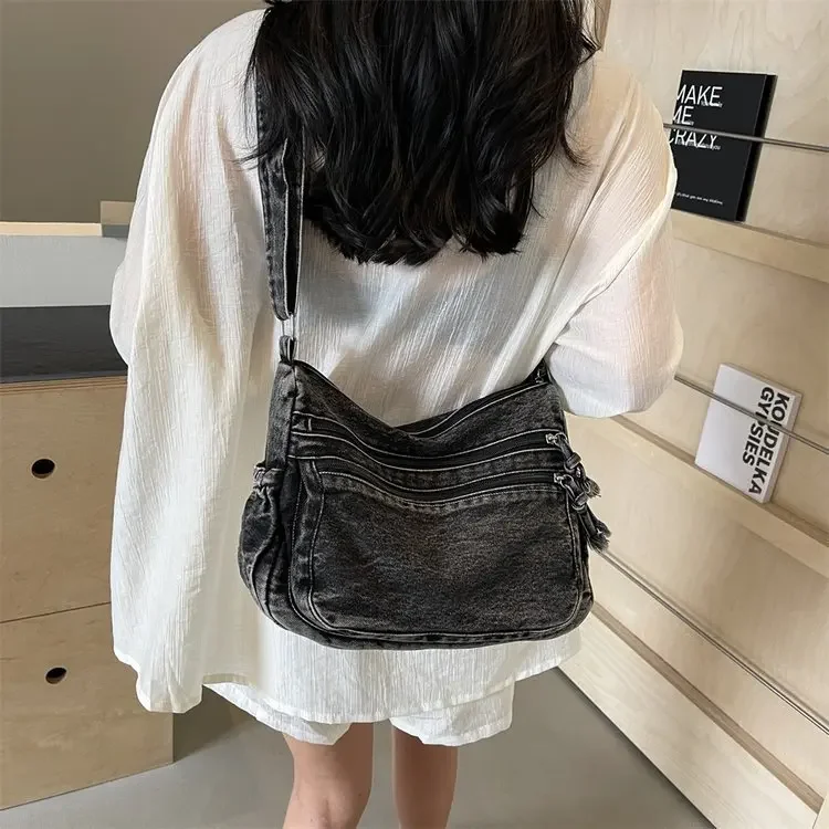 2024 Women Fashion Shoulder Bag Large Capacity Denim Stylish Crossbody Bag Multifunction Square Commuting Bag Leisure Hobo Bag