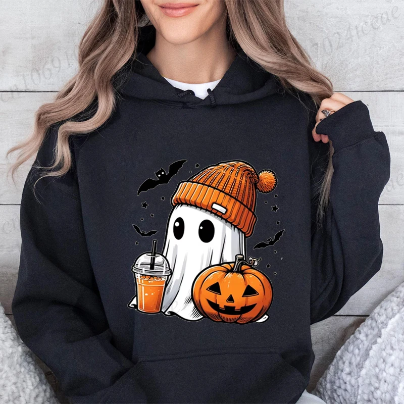 Funny Halloween Shirt, Funny Spooky Boo Women Hoodies, Bat Pumpkin Sweatshirts, Halloween Party Ghost Fleece Hooded Hoodies