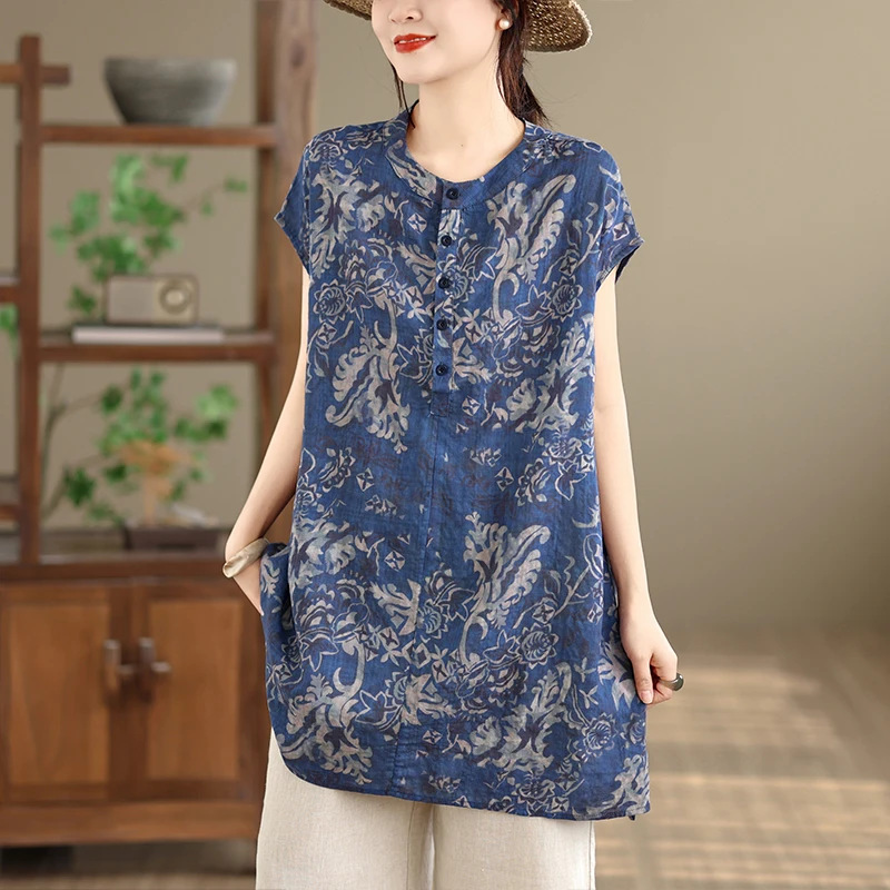 

Spring Summer 2026 New High-End Loose Women's T-shirt Brand Large Size Collar Half Button Base Shirt Comfortable Linen Material